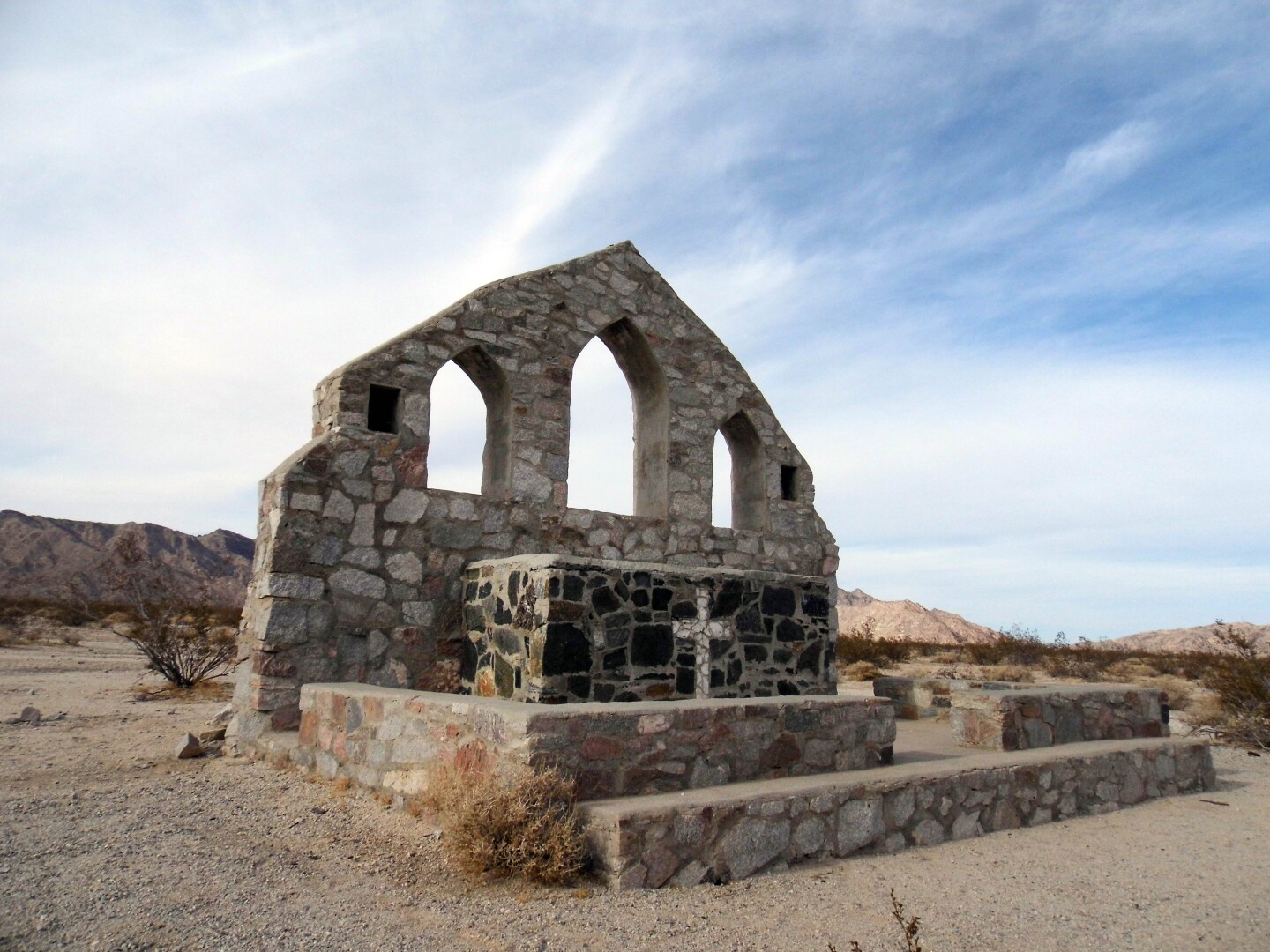 The remains of a Catholic stone chapel stands at Camp Iron Mountain in the Mojave Trails National Monument.