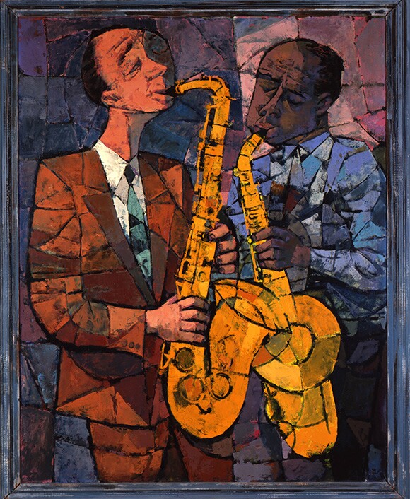 John Altoon, "Jazz Players," c.1950, Oil on Masonite, 35 3/8x27 1/2 in. Collection Orange County Museum of Art, Newport Beach, California, gift of Stanley Marcus | © 2014 Estate of John Altoon