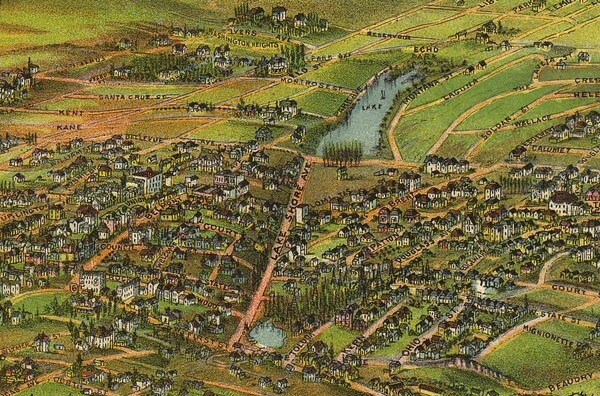 By 1894, oil derricks had surrounded and encroached on the once peaceful park, visible at the bottom of this detail. Map courtesy of the Library of Congress.