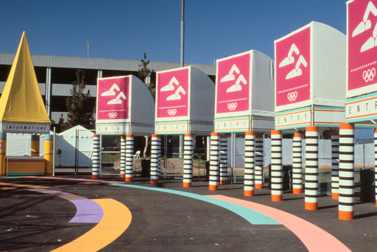 Bright entrances decorated the swimming venue for the 1984 Olympics.