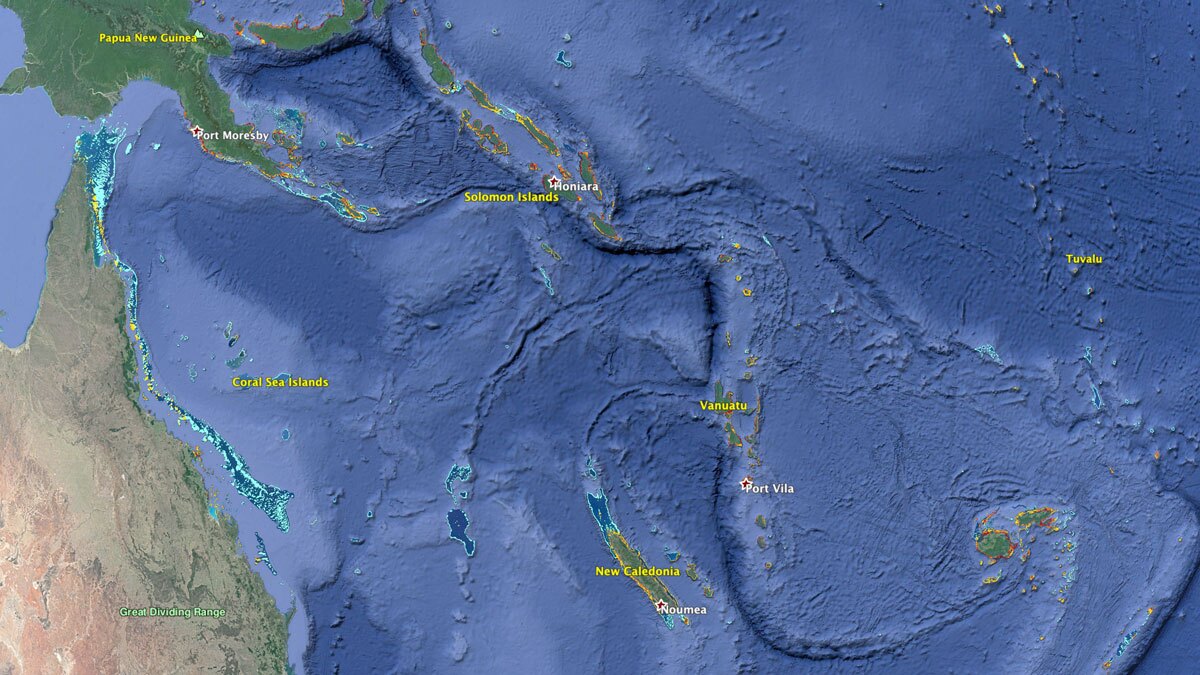 The Great Barrier Reef and nearby coral reefs | Map: KCET/Google Earth/WRI