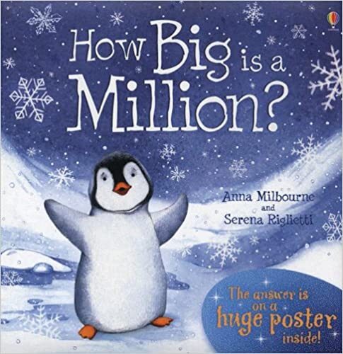 Book cover of “How Big is a Million?”written by Anna Milbourne and illustrated by Serena Riglietti. It is illustrated with a penguin on a snowy night.
