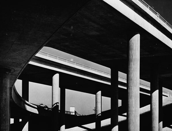 View from beneath the Four Level, circa 1950s. Courtesy of the Los Angeles Area Chamber of Commerce Collection, USC Libraries.