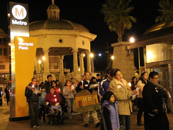 Boyle Heights community members assemble at Mariachi Plaza for the start of the ELACC posada.