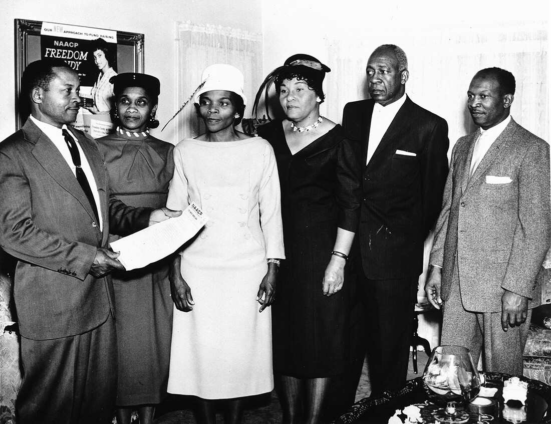 NAACP award, Long Beach, California, ca. 1948. From left to right: Ernest Macbride, Sr., Annabelle Colhn, Lillian Macbride, Ernestine Cheatham, Hilderen Cheatham, Percy Anderson. | California State Library
