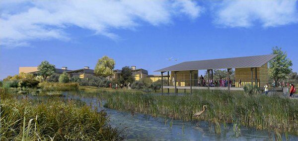 This rendering of the proposed Discovery Center includes an outdoor classroom and a recreation of a wetland that would be part of one of several construction phases. Image by San Gabriel River Discovery Center