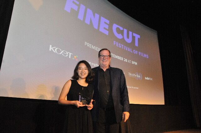Jack Larson Southern California Filmmaker Award recipient Hanna Kim with Deadline.com Chief Film Critic Pete Hammond