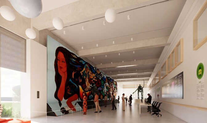 Visitors admiring Barbara Carrasco’s colorful floor-to-wall mural "L.A. History A Mexican Perspective" at the free National History Museum Commons, in the Judith Perlstein Welcome Center.