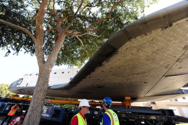 The Space Shuttle Endeavour's path is temporarily blocked by a tree as the shuttle is transported through the streets on its final journey to its permanent museum home on October 13, 2012 in Inglewood. | Photo: ROBYN BECK/AFP/GettyImages)<br />