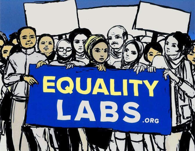 Illustration featuring people holding a sign that reads "EQUALITY LABS"