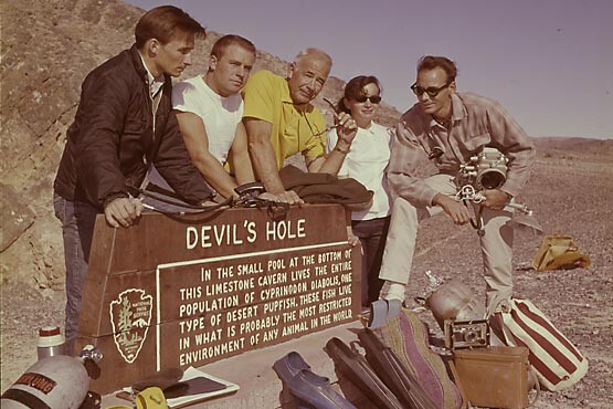 The early 1960s Devils Hole research dive team led by Jim Houtz who is pictured second from the left. | Photo: Jim Houtz collection.
