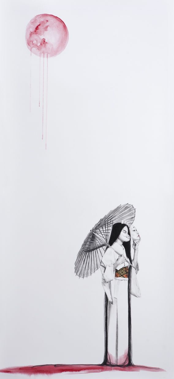 "Kitsune Simulacrum," Charcoal, Washi Paper, and Watercolor on Rives BFK, 20" x 40," 2014
