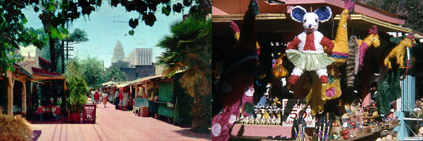 Olvera Street postcard with City Hall in the background from the Security Pacific National Bank Collection (left) and Olvera Street during a Cinco de Mayo Festival by Mike Mullen | Los Angeles Public Library Olvera Street AB s9