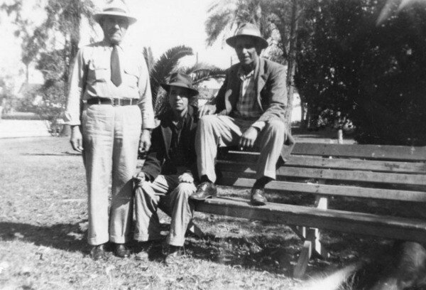 Three men in Prospect Park, ca.1947. Courtesy of the Shades of L.A. Collection, Los Angeles Public Library.
