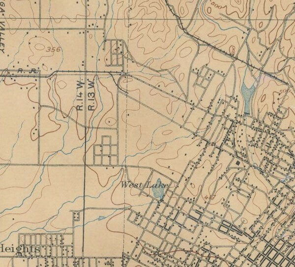 The same map records the path of several streams west of downtown L.A., including the Arroyo de la Sacatela and the Arroyo de las Reyes. Courtesy of the Henry J. Bruman Map Collection, University of California, Los Angeles Library