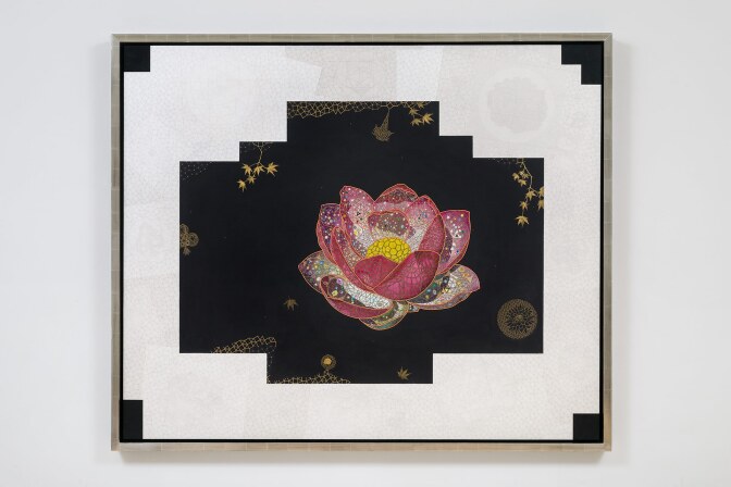 Tom Wudl “Radiance of Sublime Reality Filling the Cosmos without End,” 2015. Acrylic, 22 karat gold, gum arabic, pencil and gouache on rice paper over wood panel | © Tom Wudl, Courtesy of L.A. Louver, Venice, California
