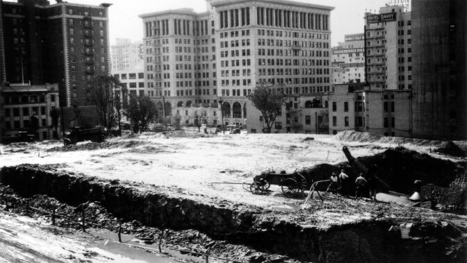 Construction of the Central Library, which replaced the Normal School, more or less flattened Normal Hill beyond recognition. Circa 1922 photograph courtesy of the Photo Collection - Los Angeles Public Library.