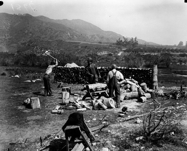 Timber was pulled from San Gabriel Canyon. Here, squatters chop wood in the Canyon in the 1930s. | Courtesy of the Los Angeles Public Library