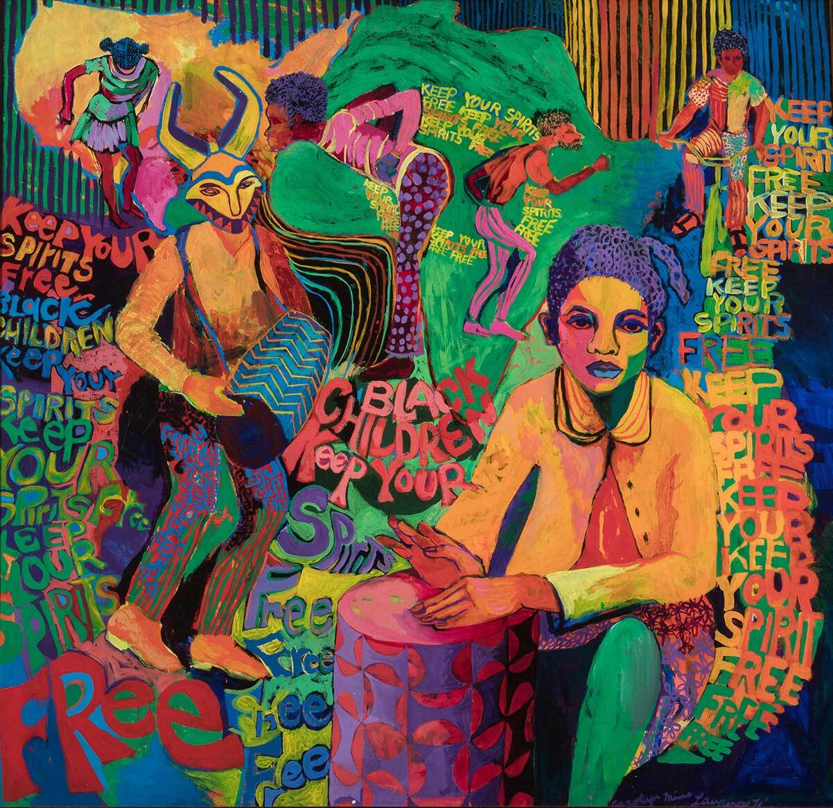 Carolyn Lawrence, Black Children Keep Your Spirits Free, 1972. Acrylic on canvas. 49 x 51 x 2 in. Image courtesy of the artist. | Carolyn Mims Lawrence