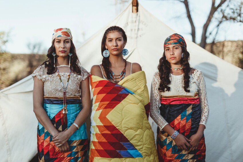 Linsay Willier, Shania Russell and Gabrielle Lopez model clothing created by Los Angeles fashion designer Bethany Yellowtail.