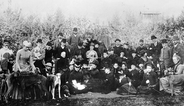Valley Hunt Club members lounge with their hounds after a hunt, circa 1889. Photo courtesy of the California Historical Society Collection, USC Libraries.