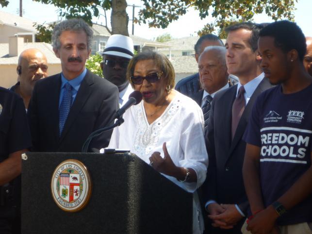 Marguerite Lamotte encouraging students and residents to remain calm George Zimmerman verdict in July 2013.