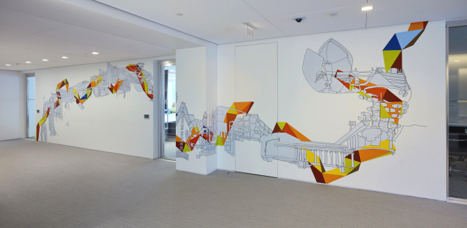 Kim Schoenstadt, Global Tango: Warm (Abu Dhabi, Beijing, Buenos Aires, Cologne, Frankfurt, Hong Kong, London, New York, Paris, Rome, Sao Paulo, Seoul, Washington D.C.), 2019, acrylic paint on wall, 9' X 38'. Private Collection, Washington, D.C. | Courtesy of the artist