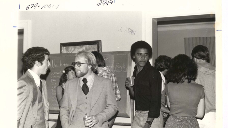 Occidental students Mike Malouf, Bill Knudson, and Barack Obama, circa 1980. Courtesy of Occidental College Archives.