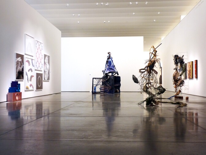 Interior gallery view of the California Biennial exhibit at OCMA