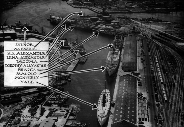 Ten merchant ships, valued at $35,000,000, in one small area of the port in 1932 | Los Angeles Public Library
