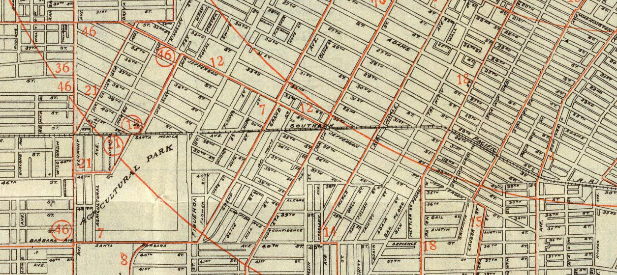 A close up the Southern Pacific Railroad along the original Southern border from the Security Map And Street Railway Guide of the City of Los Angeles circa 1908.