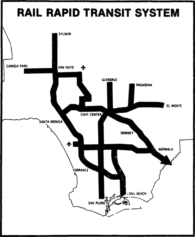 A vertical map that roughly outlines the Los Angeles County coastline. Thick black routes mark a proposed rail rapid transit system, which extends north to south from Long Beach to Sylmar, and east to west from Santa Moncia to El Monte.
