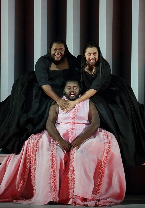 John Holiday (center) as the Sorceress in "Dido and Aeneas," with G. Thomas Allen (left) as the First Witch and Darryl Taylor (right) as the Second Witch Photo: Craig Mathew/LA Opera