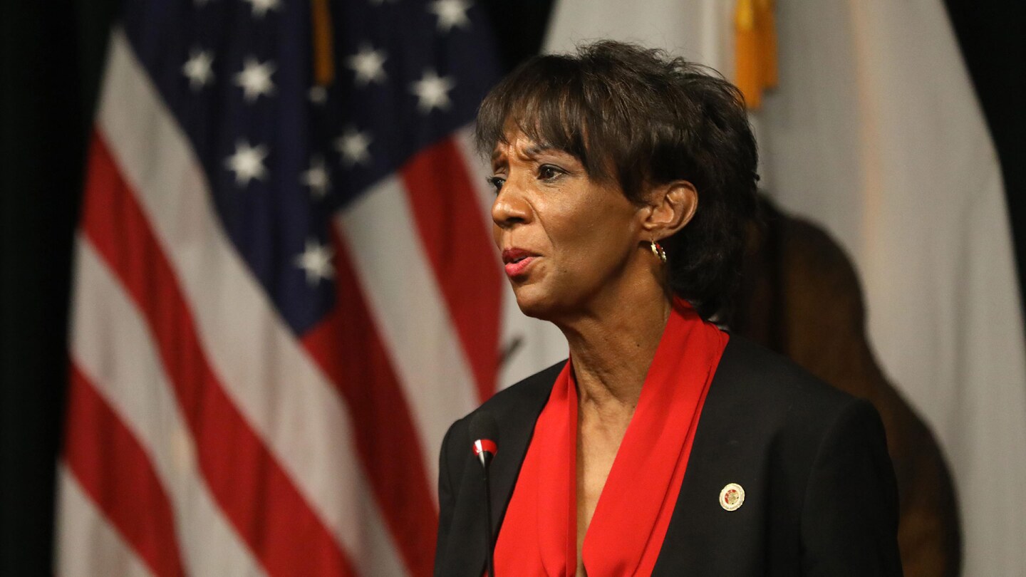 Jackie Lacey addresses the media regarding the case of Derrick Harris after his wrongful conviction was overturned at the Hall of Justice in downtown Los Angeles on October 6, 2020. | Genaro Molina / Los Angeles Times via Getty Images