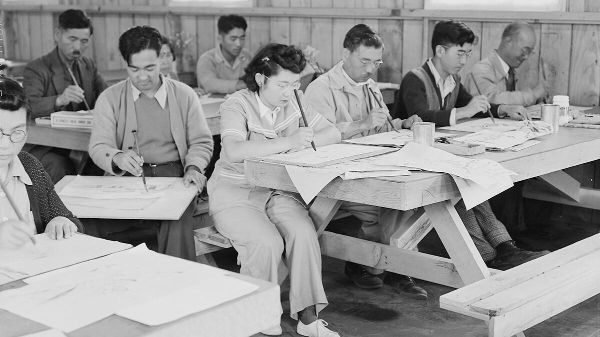Adult art classes learning freehand brush strokes. | Dorothea Lange, War Relocation Authority Photographs of Japanese-American Evacuation and Resettlement / National Archives ABs10 MMD