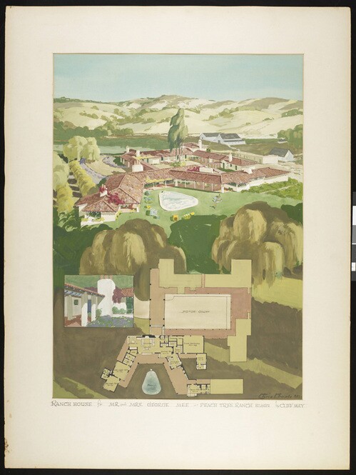Cliff May's Ranch house for Mr. and Mrs. George Mee, Peach Tree Ranch, San Lucas, watercolor by Chris Choate | Rare Books and Manuscripts Collection, courtesy of the USC Digital Library