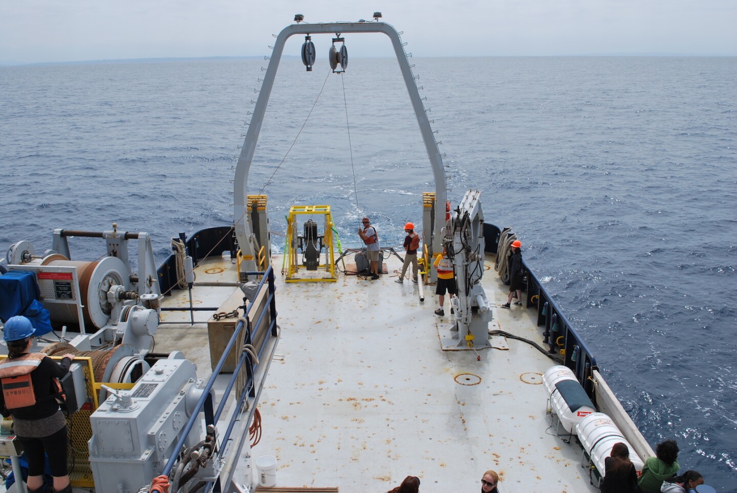 View on deck of research boat and box core used to collect sediment samples for study