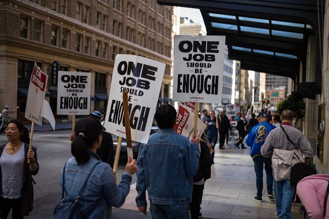 Workers of the Palace Hotel - part of Marriott Hotels - are on strike in October 2018 in San Francisco to fight for higher wages, workplace security and job safety.