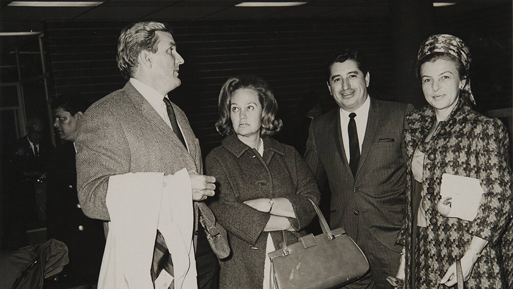 Rubén Salazar and wife Sally greet Chandlers at Mexico City Airport, Mexico City, ca. 1968 | Rubén Salazar (1928-1970) Papers, USC Libraries Special Collections