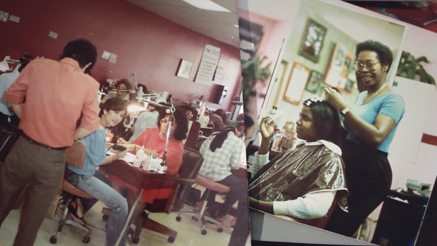 A combined image of two scenes at a cosmetics business.