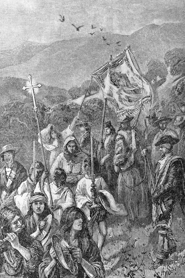 Engraving depicting the founding procession of Los Angeles. Courtesy of the Title Insurance and Trust / C.C. Pierce Photography Collection, USC Libraries.