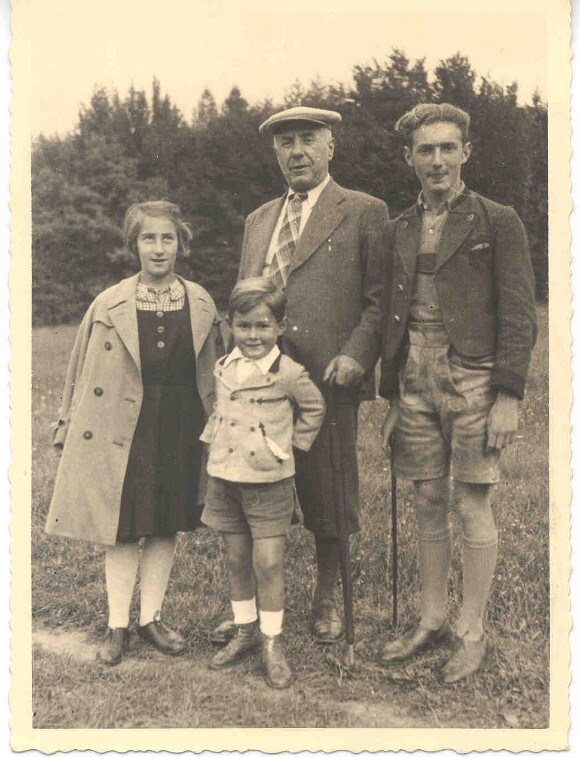 Walter Arlen hiking in the woods near Sauerbrunn, Austria, in 1935. From left, sister Edith Aptowitzer (changed later to Arlen); cousin Peter Silberstein; grandfather Leopold Dichter, founder of Warenhaus Dichter in Vienna; Walter (Aptowitzer) Arlen.