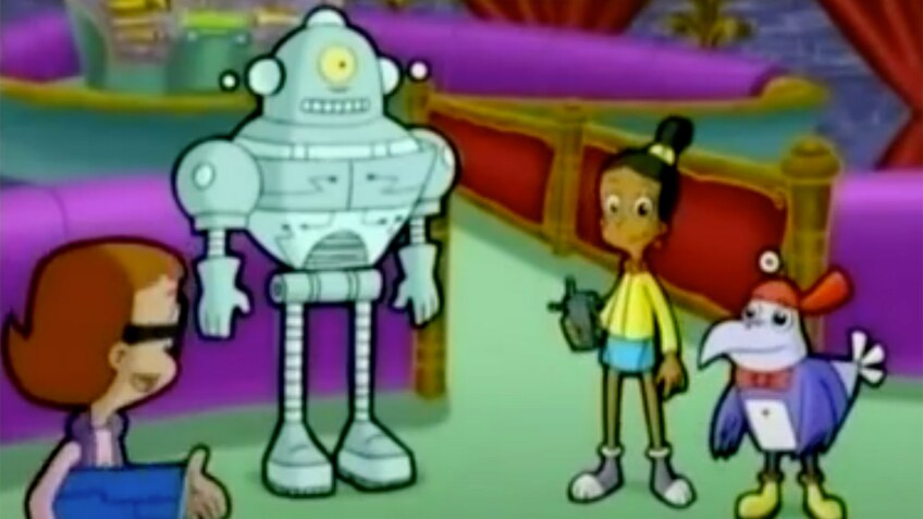 Cartoon of two children and a bird standing next to a robot.