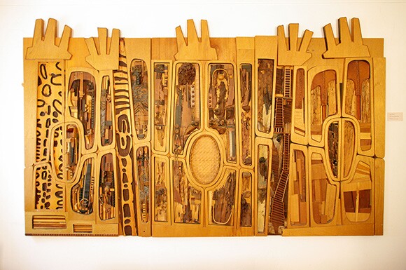 Noah Purifoy, "Black, Brown and Beige (After Duke Ellington)," 1989. 68 × 113 in. Sue A. Welsh Collection. © Noah Purifoy Foundation. Photo courtesy Noah Purifoy Foundation, by Seamus O'Dubslaine.