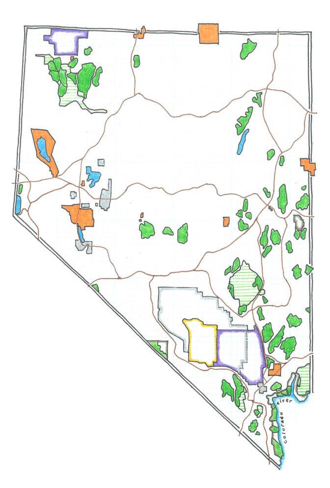 This geographic map of Nevada shows the significant impact Sen. Harry Reid had on conservation. | Illustrated by Kai Anderson