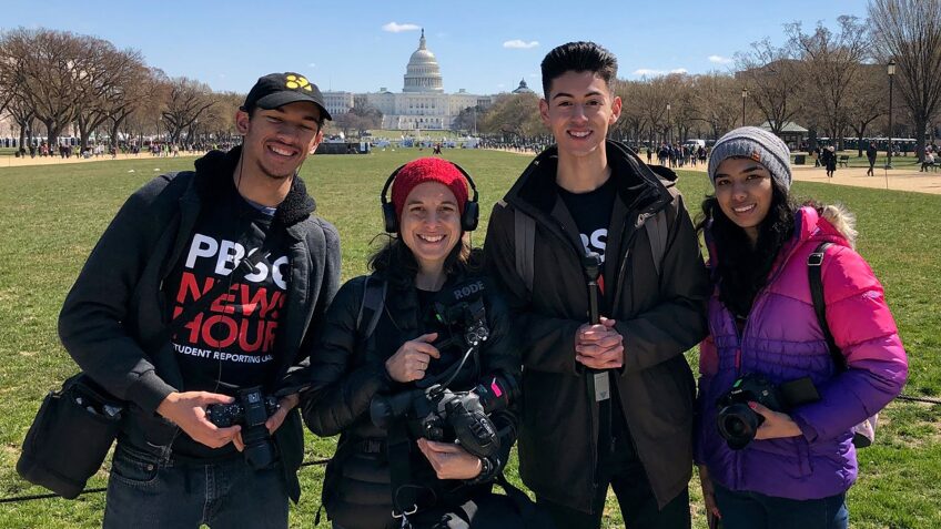 Amy Woods and her students out in the field to report on the March For Our Lives. | PBS NewsHour Student Reporting Labs