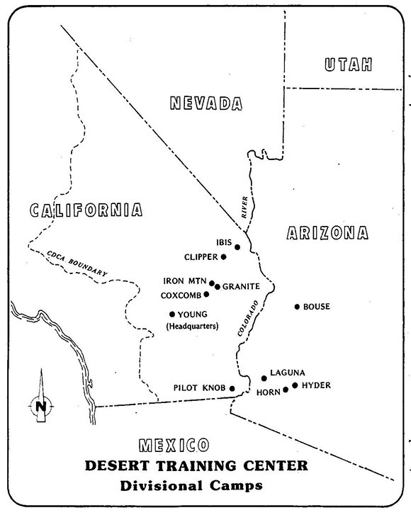 The Desert Training Center/ California- Arizona Maneuver spanned three states, though the majority of divisional camps and the headquarters were located in California. | Area maps courtesy of the Bureau of Land Management, Needles Field Office