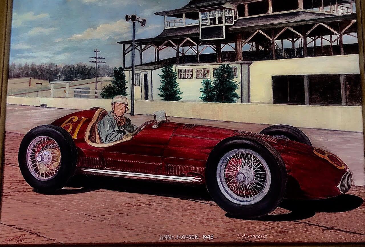 A painting of Jimmy J.J. Jackson sitting in a narrow 1948 red race car.