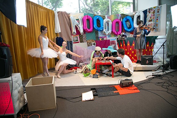 "Noooooooooooooooooooooooooooooooo TV," in Collaboration with Guan Rong, with Chelsea Zeffiro, Rebecca Correia, and Pauline Lay, Performance view, Hammer Museum, Los Angeles, June 21, 2014. |From KCHUNG TV