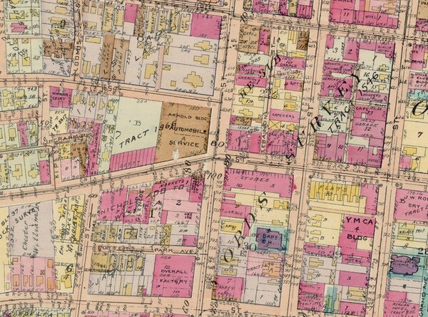 The intersection of Figueroa and Seventh as it appears on plate 8 of Baist's 1921 Real Estate Atlas Surveys. Courtesy of the Map Collection, Los Angeles Public Library.